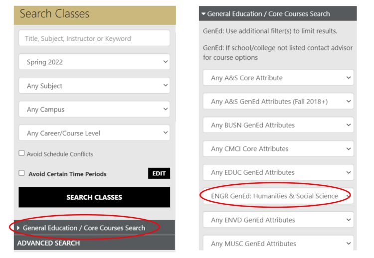 Image of drop down menu selecting GenEd menu option