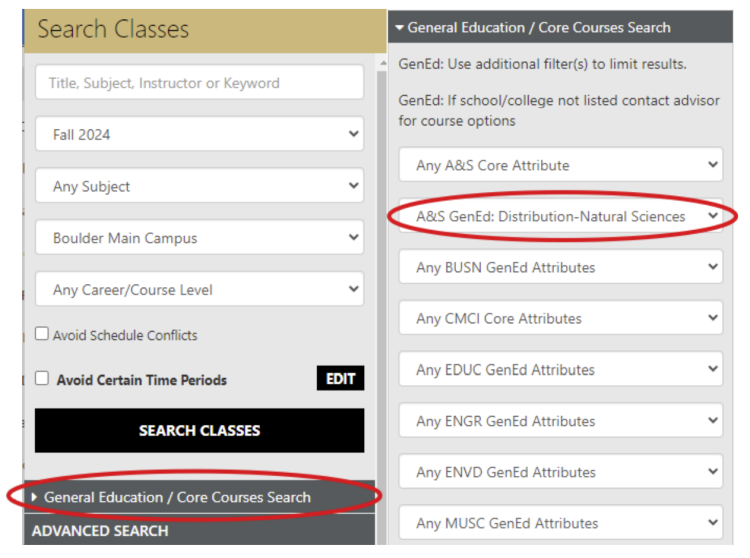Image of drop down selecting GenEd: Natural Sciences