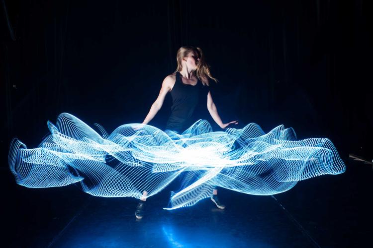 Emily Daub with interactive LED costume