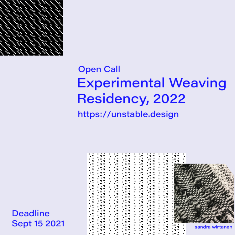 Flyer for 2022 experimental weaving residency, which includes a sample of Sandra Wirtanen's weaving work.