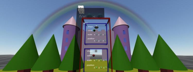 Animated view of a castle with trees around it, as well as showing where variables are chosen in the VR world of Popo