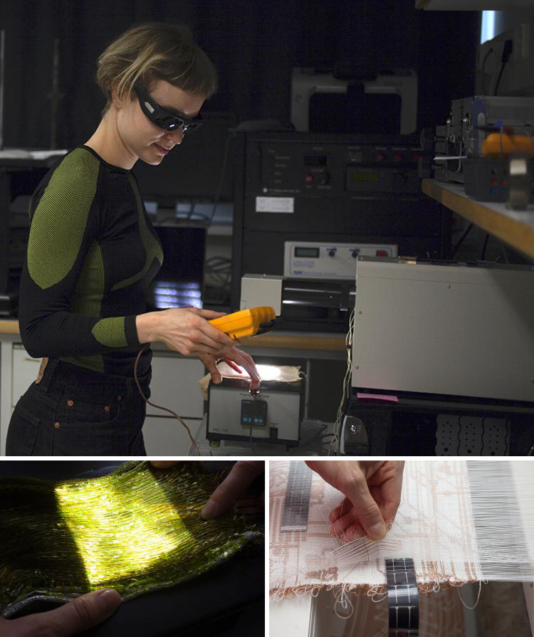 Sandra Wirstanen working and two images depicting her weaving work