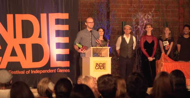 Peter Gyory accepts the award at the IndieCade International Festival of Independent Games.