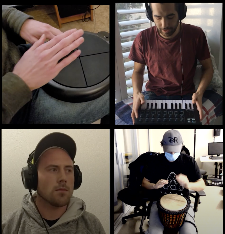 Four views, including hands on a drum, Darren Sholes playing a keyboard, Torin Hopkins with headphones on and a masked drummer playing a drum.