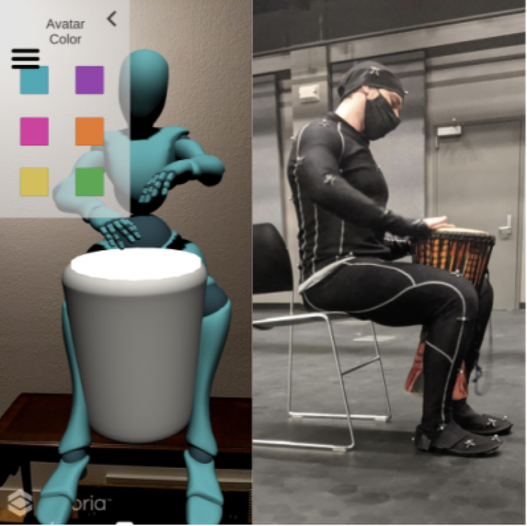 Split screen with avatar playing drum and Torin Hopkins in a mask playing a drum.