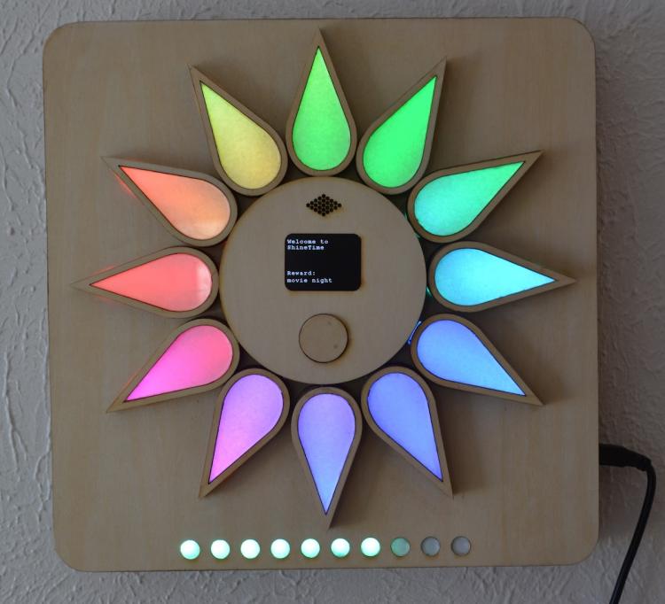 ShineTime prototype lit in a rainbow pattern