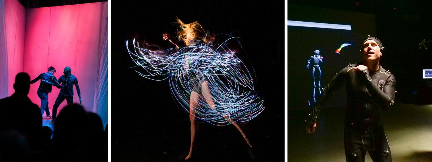 Multiple black box performance images of dancers performing.