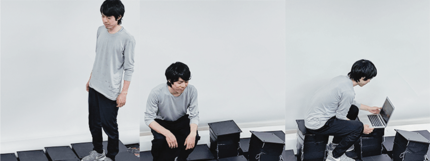 Three images of Ryo Suzuki looking at LiftTiles at different heights. In the last image he is sitting at his computer on top of the LiftTiles.