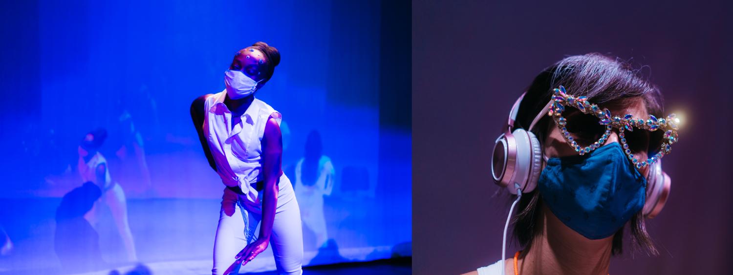 Photos from the "Overworld" performance: Woman with googly-eyes wearing white and dancing; woman's face wearing mask, headphones, and bedazzled sunglasses