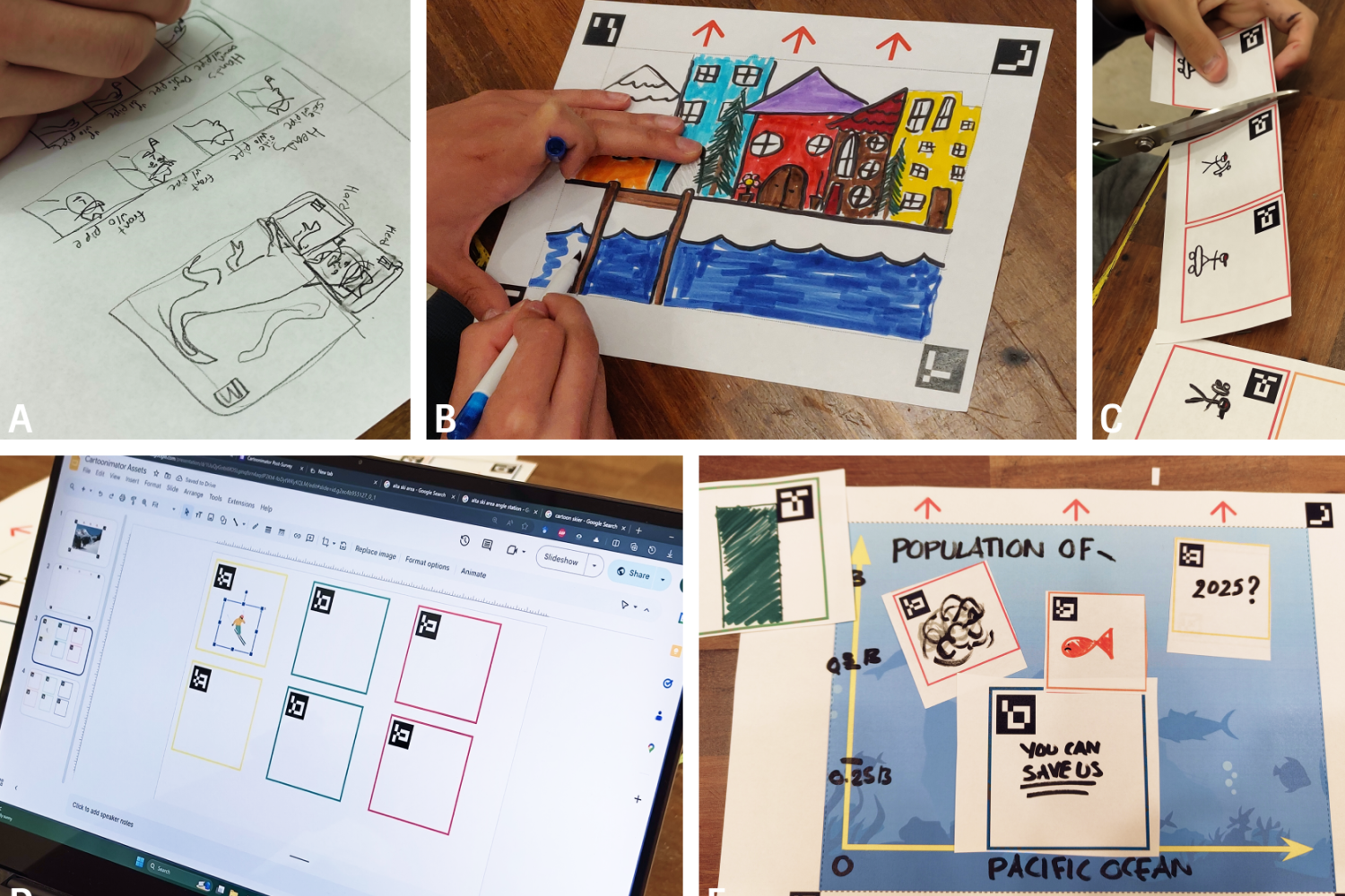 Collage of people coloring or cutting out cartoon images, one image includes a computer screen showing a layout of these images