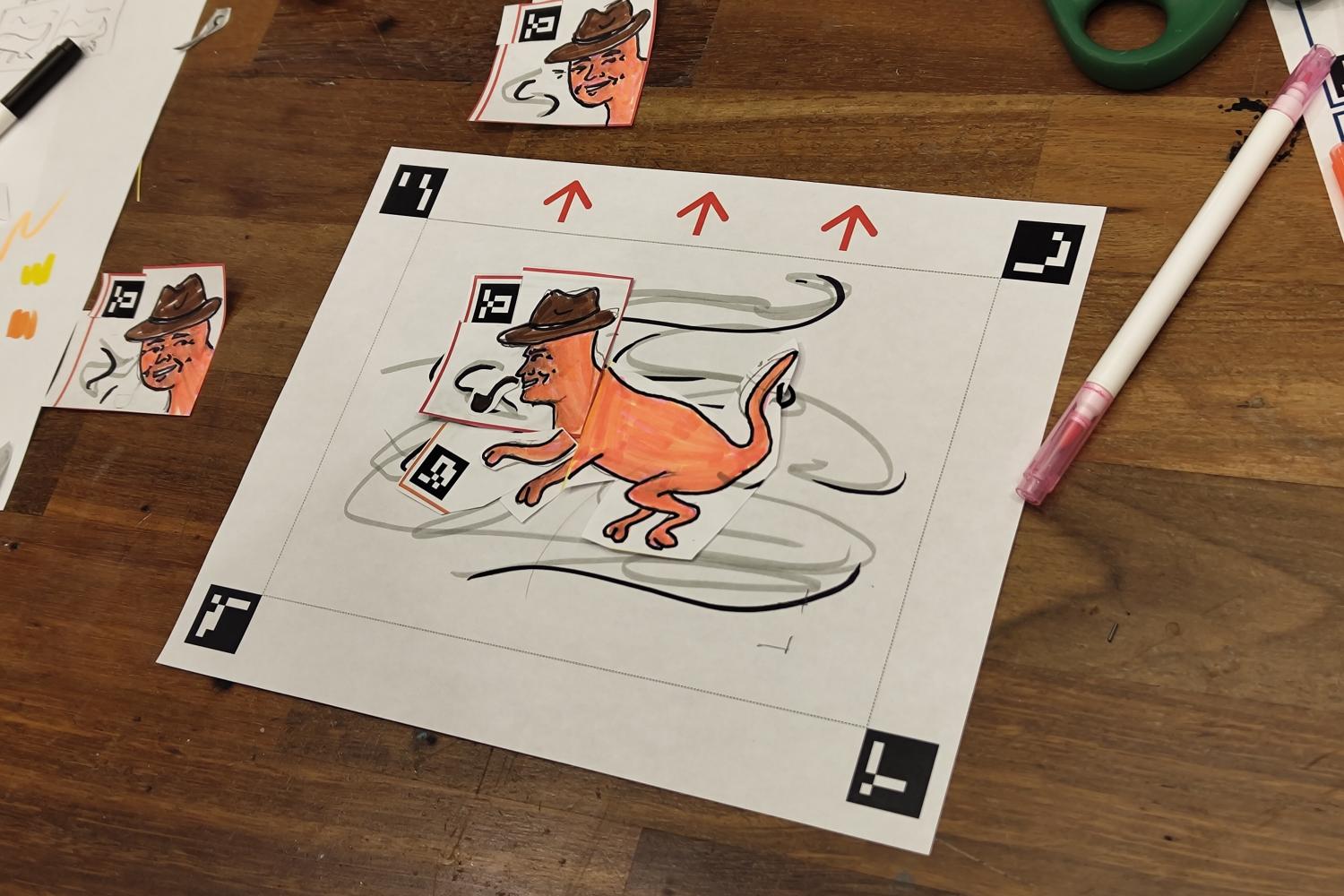 Cartoon drawing on paper of a dog with a human face