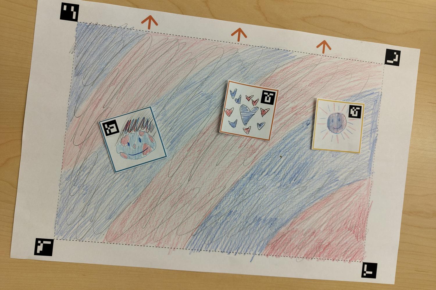Colorful stripes draw on paper, small squares of papers with drawings on top