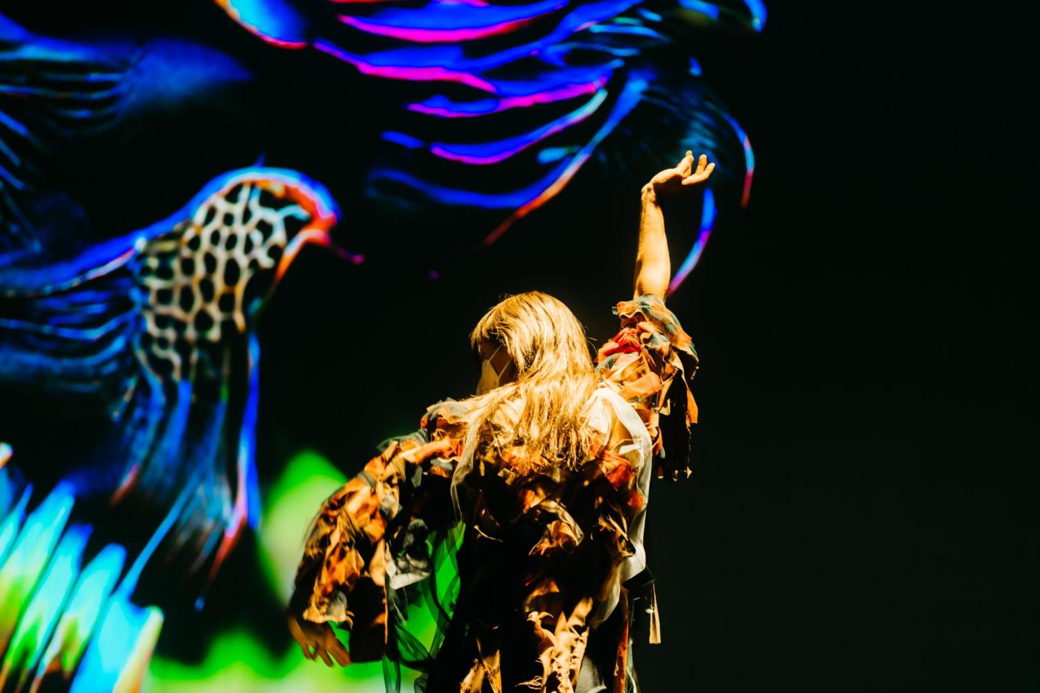 a dancer in a feathered costume posing in front of a projection of a colorful bird