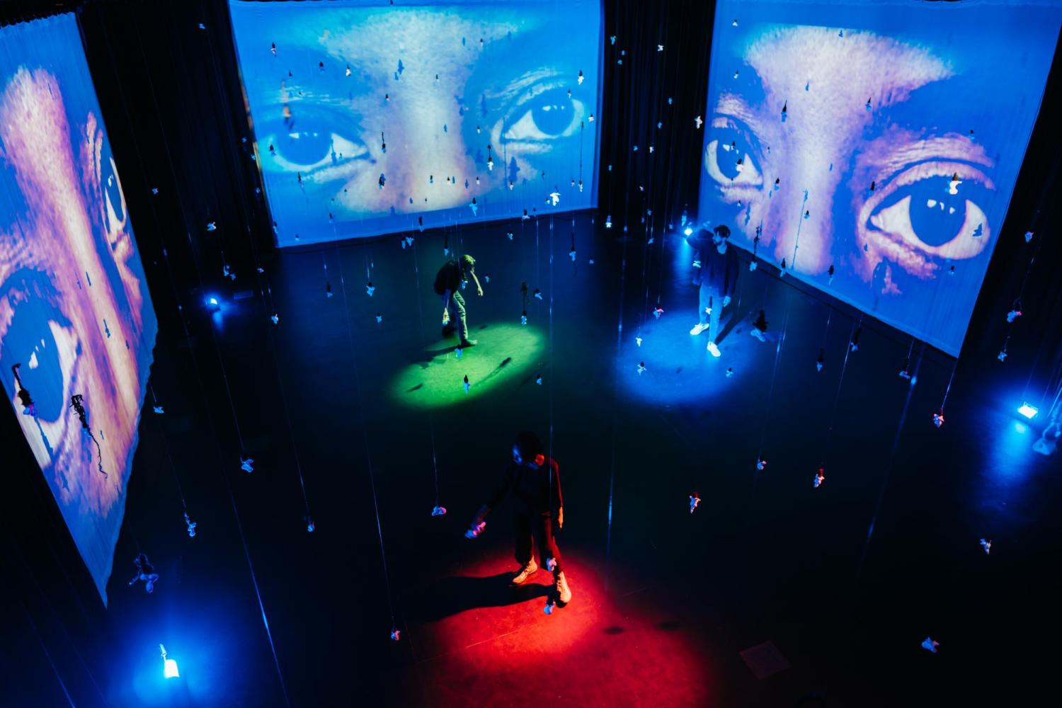 room with projections and colored lights