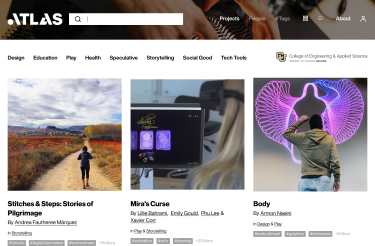 Screenshot of ATLAS Institute dot work homepage featuring ATLAS logo on top and three student projects