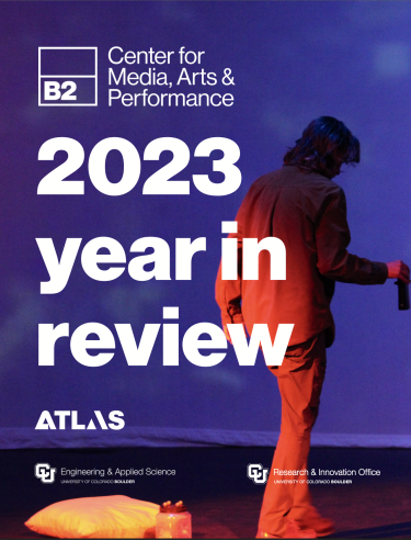 Report cover featuring photo of a performance in the B2 overlaid with the text "2023 Year in Review" and logos for B2 and CU Boulder