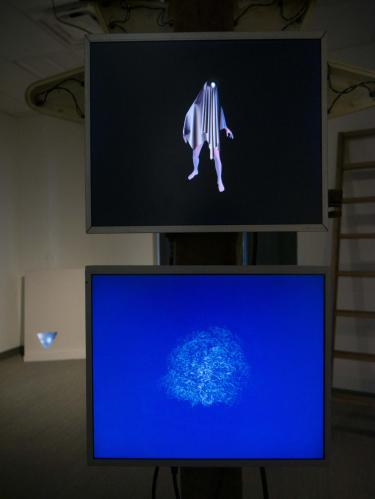 two screens, one with image of person