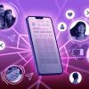 Graphic of a mobile phone with a web of interconnected friends and social media interactions