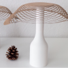 Two Sensing Kirigami lampshades sit on a table with a pine cone between them.