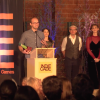 Peter Gyory accepts the award at the IndieCade International Festival of Independent Games.