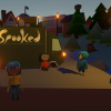 Characters from the Spooked animation on a dark street lit up by lights that spell sppoked.