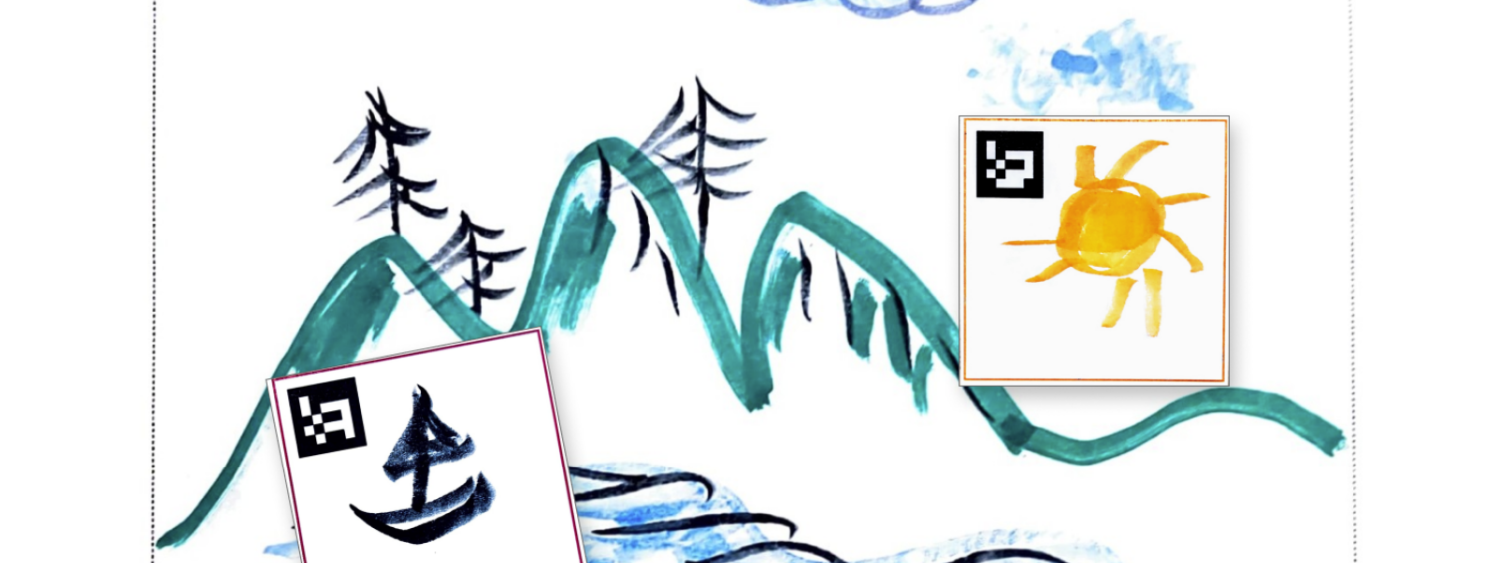 A simple market drawing of green hills, sea, forest and sky. A small boat and sun drawing are pasted on top on separate slips of paper.