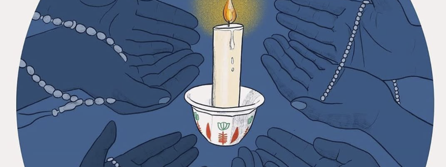 An illustration of four pairs of hands cupped, reaching towards a single candle. There are pearls wrapped around the hands, and text on the image reads "hope".