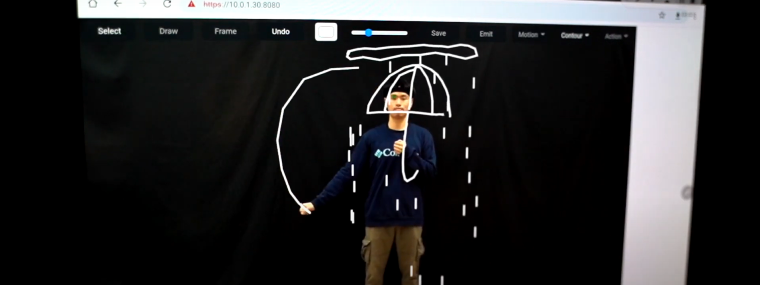 An Asian man standing. A digital overlay of a white drawing of an umbrella and rain is overlaid. A white line extends in an arc from his hand.