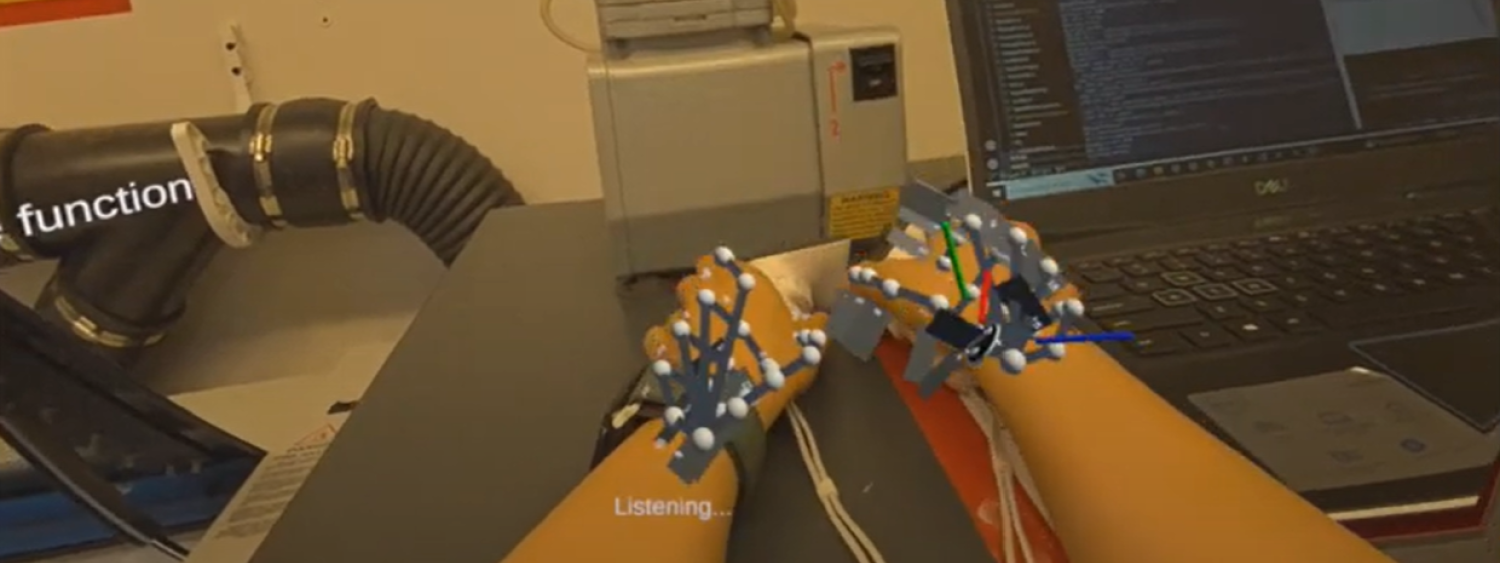 Hands holding a pair of hands holding two handheld VR remotes. A 3d model in the shape of a basic hand structure is overlaid with VR.