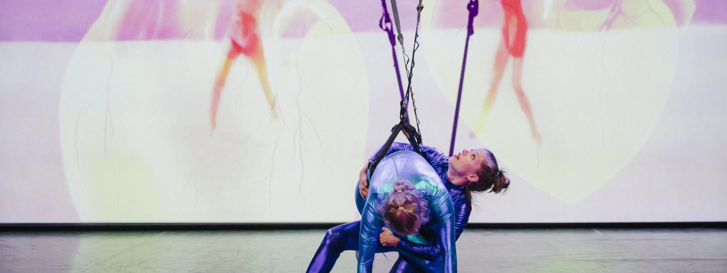 aerial artists performing in front of a video projection of dancers