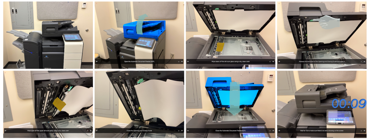 Series of images showing 3d visuals overlaid on a 3d printer