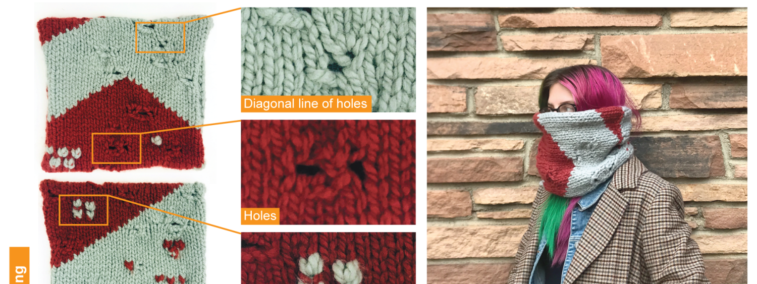 Close-up detail of the “forgetting” scarf, with elements such as diagonal lines of holes and groups of bulbs, as well as the creator, Mikhaila Friske, wearing the scarf.