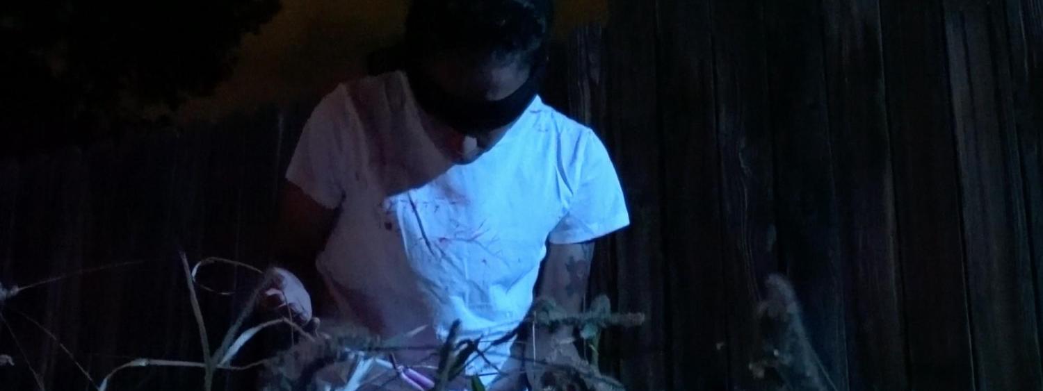 a blind folded person amongst weeds in the night