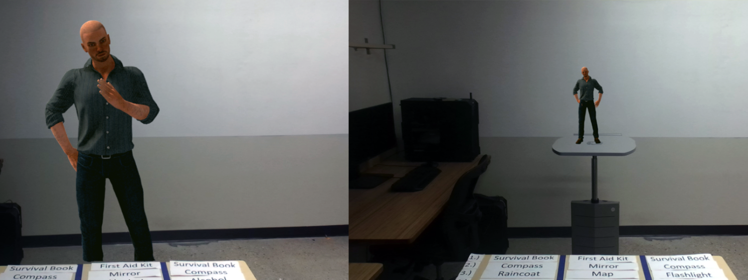 Full size avatar on the left of a man and on the right the same avatar, but much smaller, poised on a table.