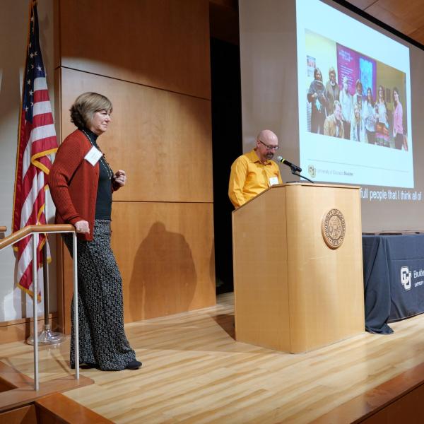 Excellence in Teaching Awardee Cosetta Seno and Selection Committee Chair Garrett Bredeson
