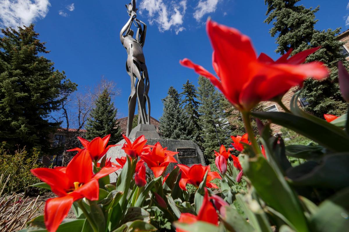 Red flowers on the bottom right side framing an iron statue of a man.