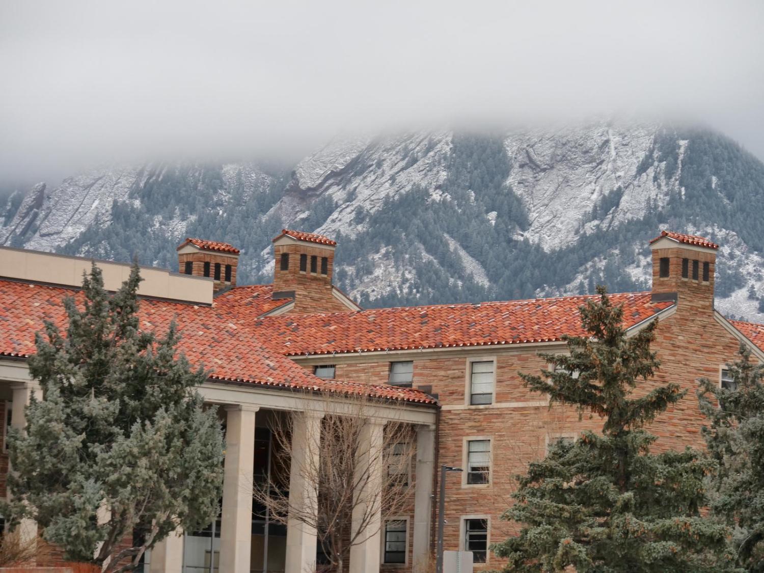 Flatirons in winter view of Libby Res Hall