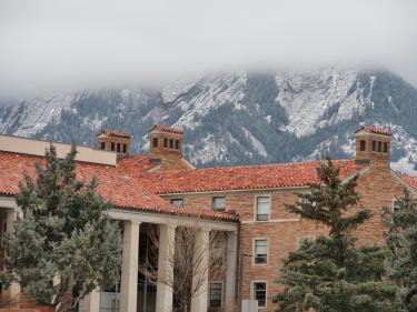Flatirons in winter view of Libby Res Hall