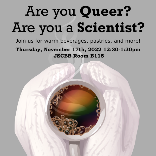 QSci poster with illustration of mittened hands holding a steaming mug