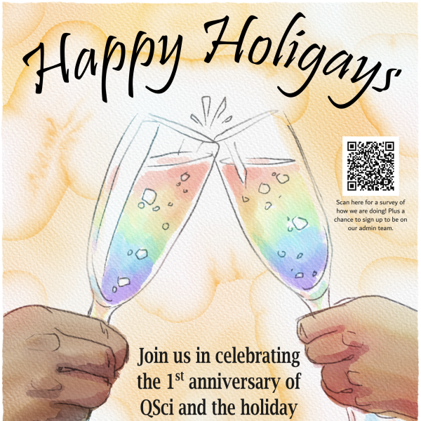 QSci poster with illustration of clinking champagne glasses filled with bubbly rainbow-colored beverage