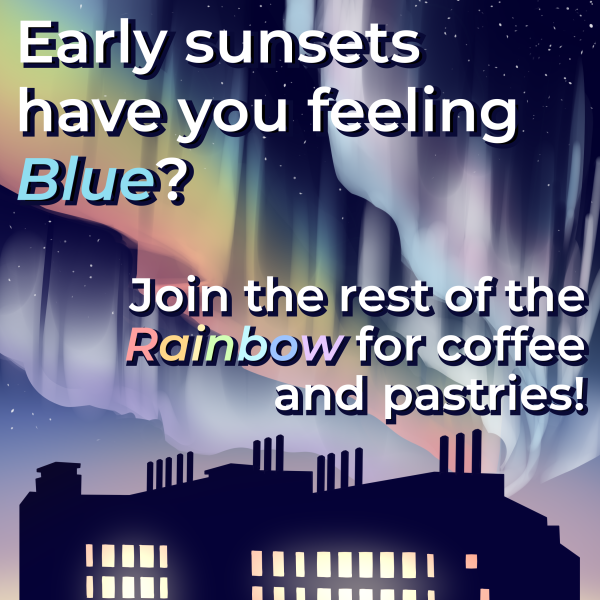 QSci poster with illustration of the JSCBB building and rainbow lights in a twilit sky