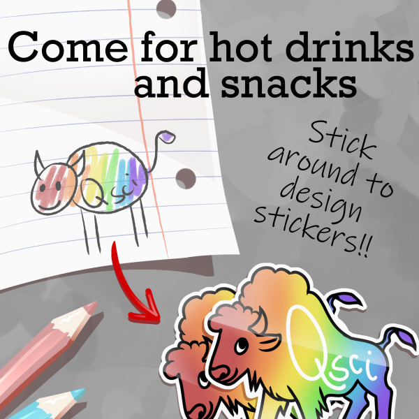 QSci poster with illustration of a rainbow-colored buffalo drawing and buffalo stickers