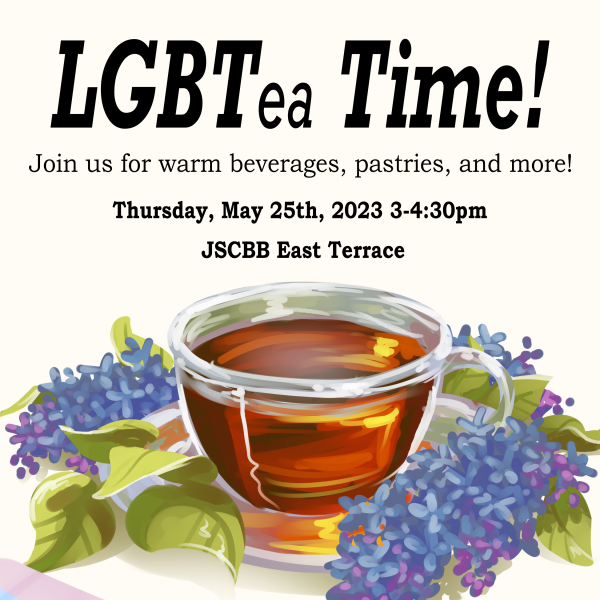 Qsci poster with illustration of a glass mug of tea and cut lilacs