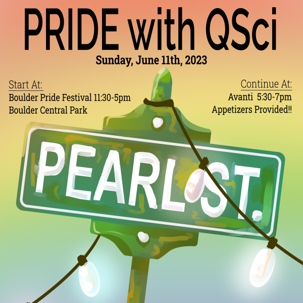 QSci poster with illustration of Pearl Street street sign, a string of lights draped over it, and a rainbow gradient background