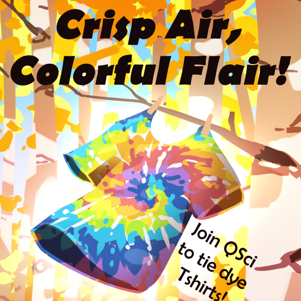 QSci poster with illustration with tie-dyed t-shirt on a clothesline with fall aspen trees in the background