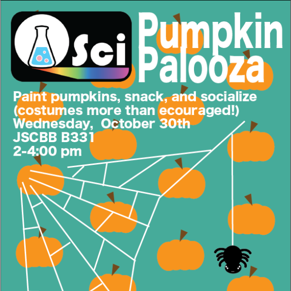 QSci poster with illustration of pumpkins on a teal background with a spider hanging from a web