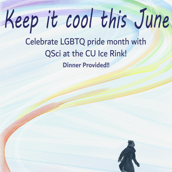 QSci poster with illustration of an ice skater and a rainbow swirl