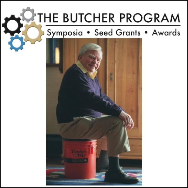 Four multi-color gears to the left of the words "The Butcher Program" above a photo of a smiling man (Charlie Butcher) sitting on an orange bucket