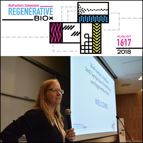 The words "BioFrontiers Symposium Regenerative BioX" in pink, blue, and black next to abstract designs on rectangles of the same colors. Below, a picture of a woman speaking in front of a projector screen.
