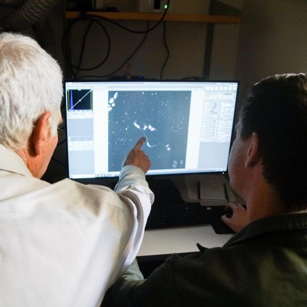 Parker lab members at a microscope